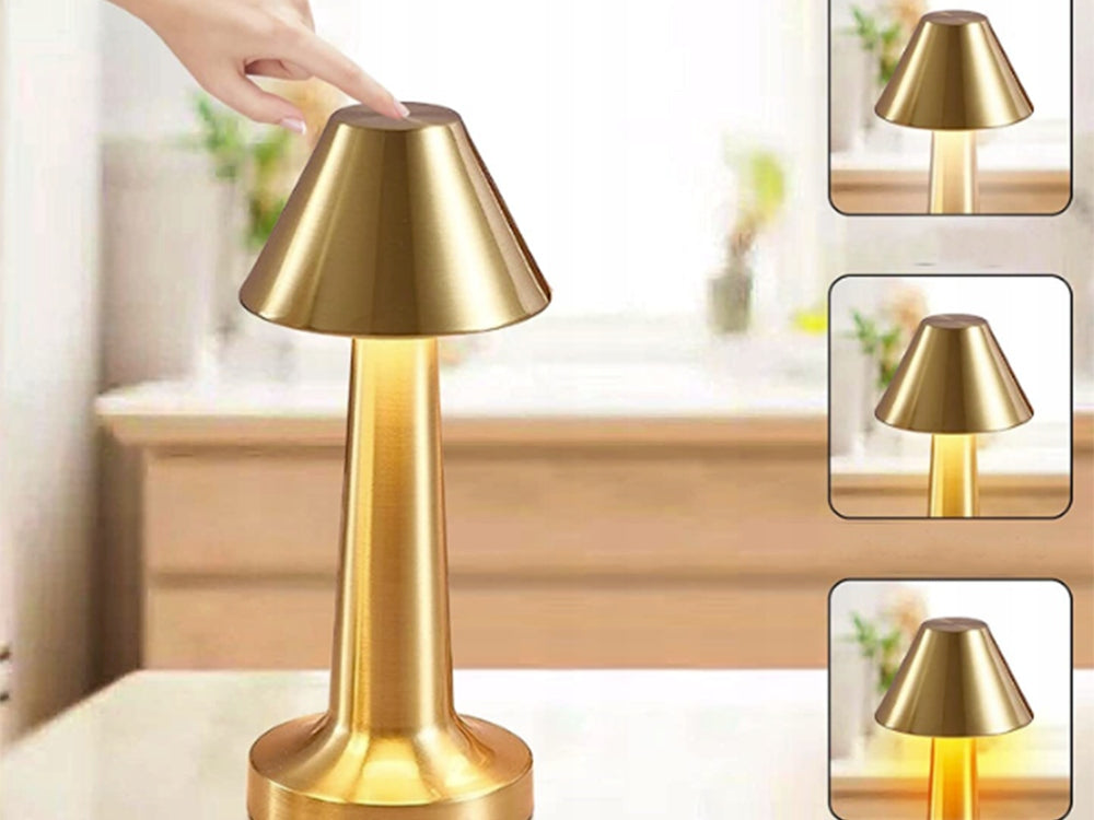 Lampa de masa touch LED reincarcabila, Zola, 3 nuante de culoare, baterie 1500 mAh, 3W, buton ON/OFF, USB. Type-C, 23.5x9.5x6.5 cm, din metal si plastic, auriu Lampa de masa touch LED reincarcabila, Zola, 3 nuante de culoare, baterie 1500 mAh, 3W, buton ON/OFF, USB. Type-C, 23.5x9.5x6.5 cm, din metal si plastic, auriu